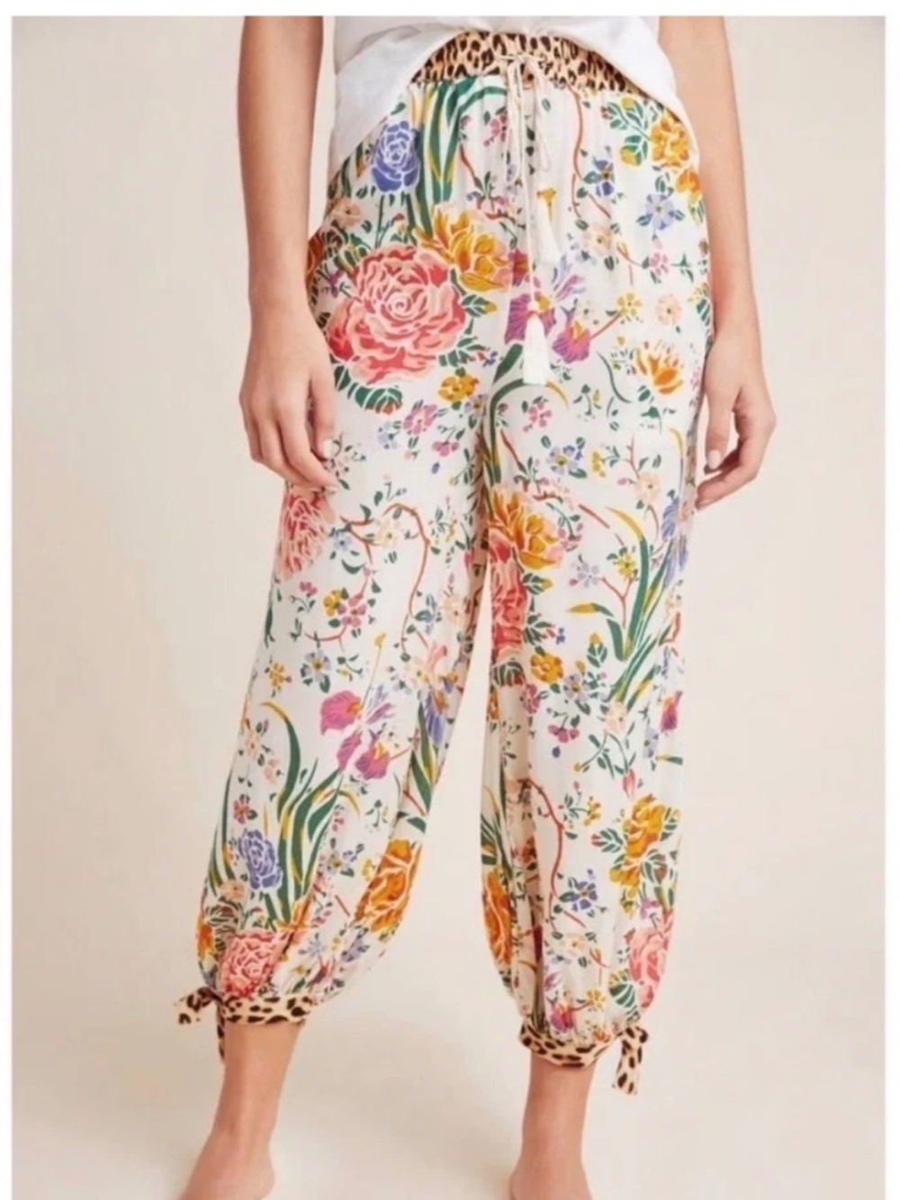By Anthropologie Liane Lounge Harem Pants XS Floral Cheetah Beachy Boho Chic